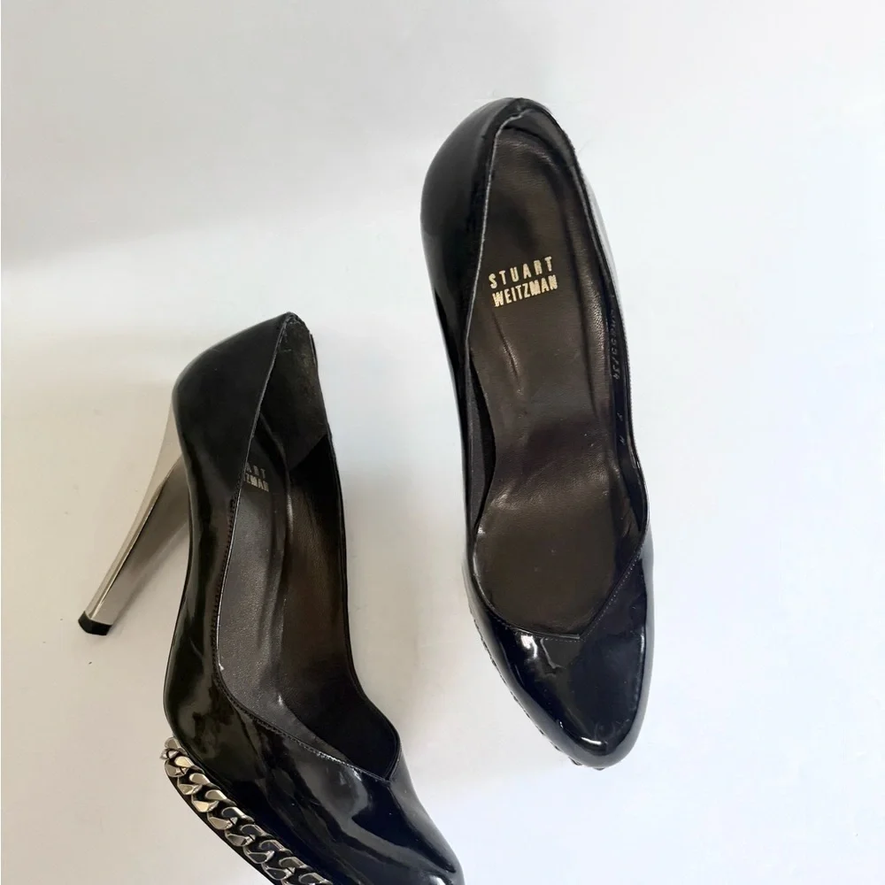 Stuart Weitzman Black Patent Leather Pumps Chain Link Platform Stiletto Heels
